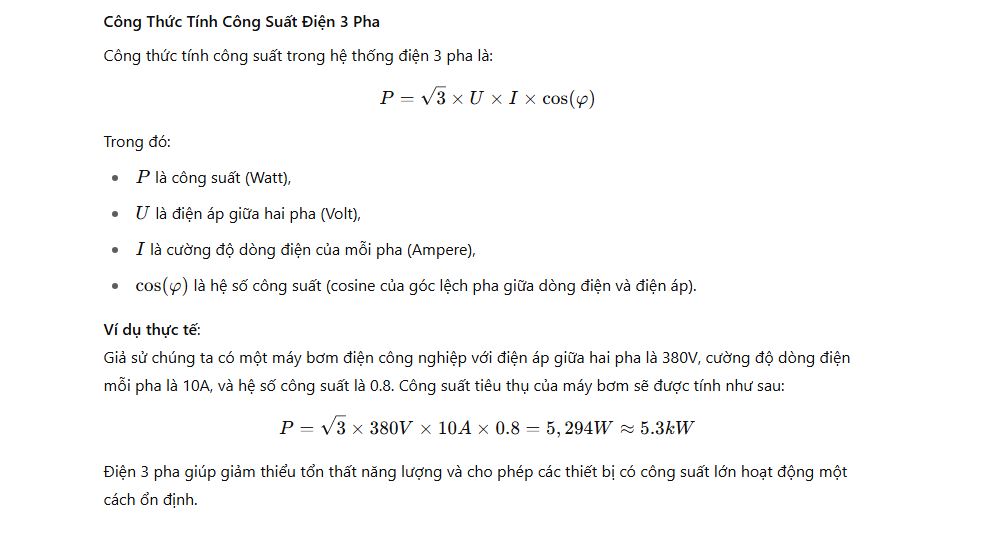 Công thức tính công suất điện 3 pha